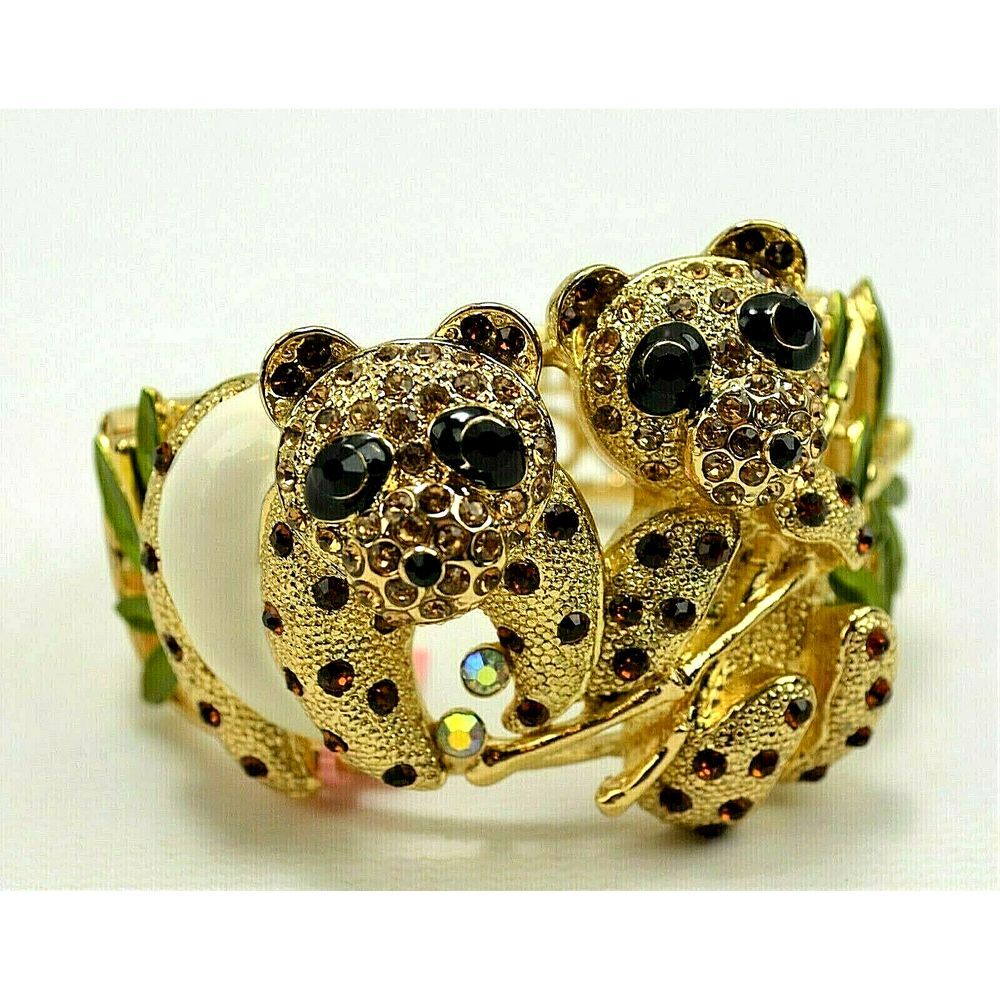 Vintage Gold‎ Toned Hinged Bracelet w/ 2 Bears and Different Colored Rhinestones